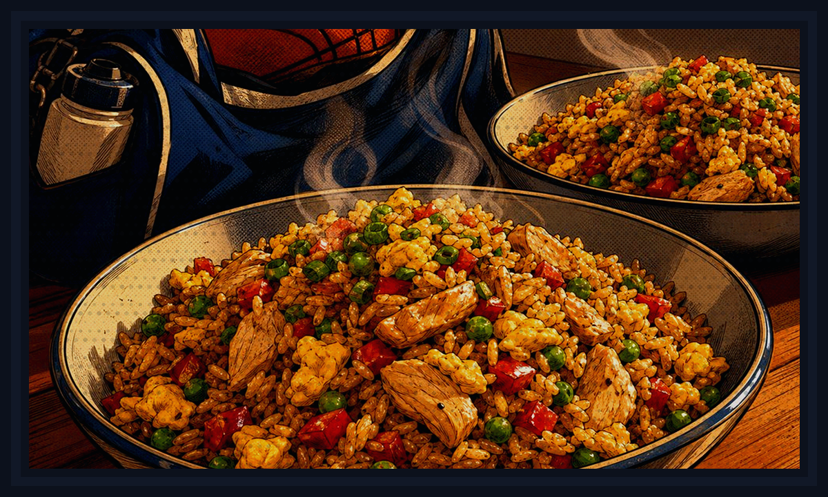 Comic-book style illustration of hungry kids coming home from practice to a fast hot dinner for Post-Practice Beef Taco Mac.