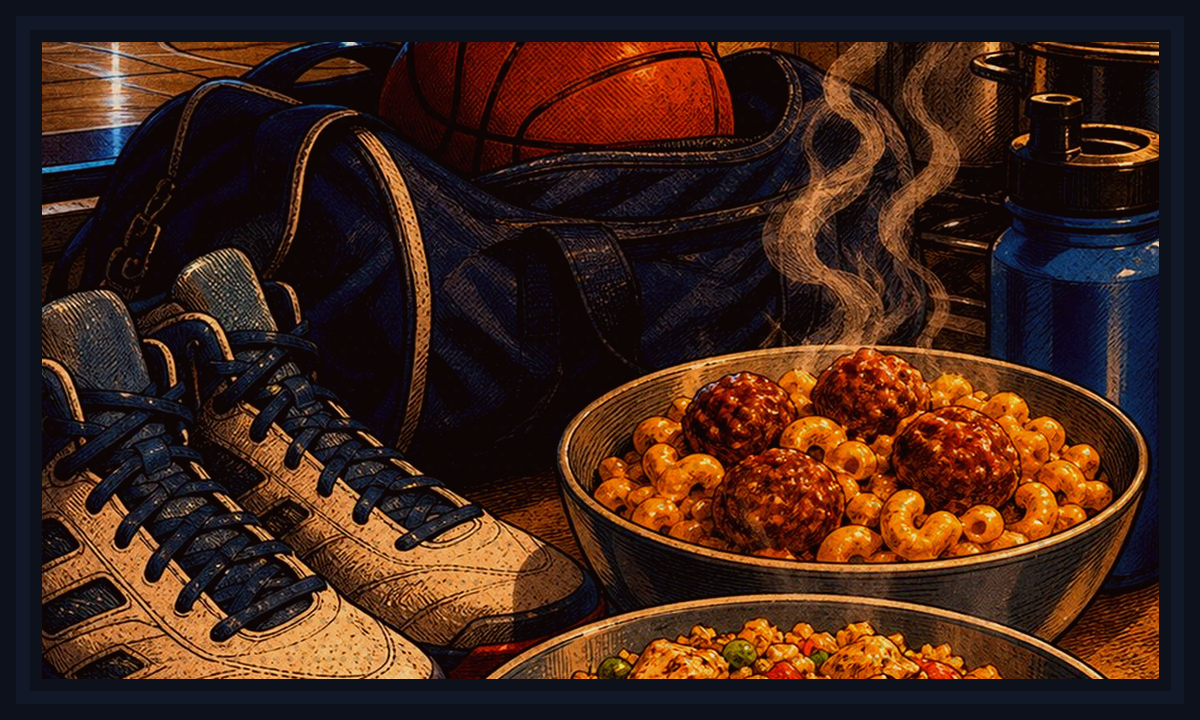 Comic-book style illustration of hungry kids coming home from practice to a fast hot dinner for After-Practice Orange Chicken Bowls.