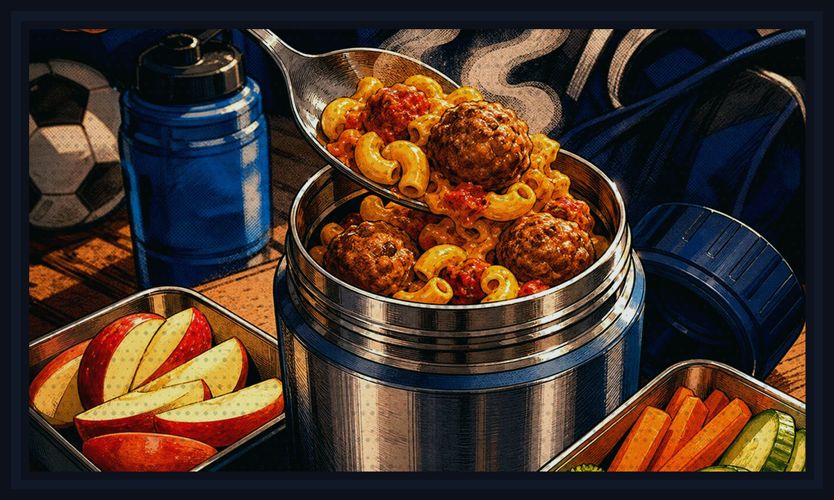 Comic-book style illustration of hungry kids coming home from practice to a fast hot dinner for Late Dinner Chili Cheese Potatoes.