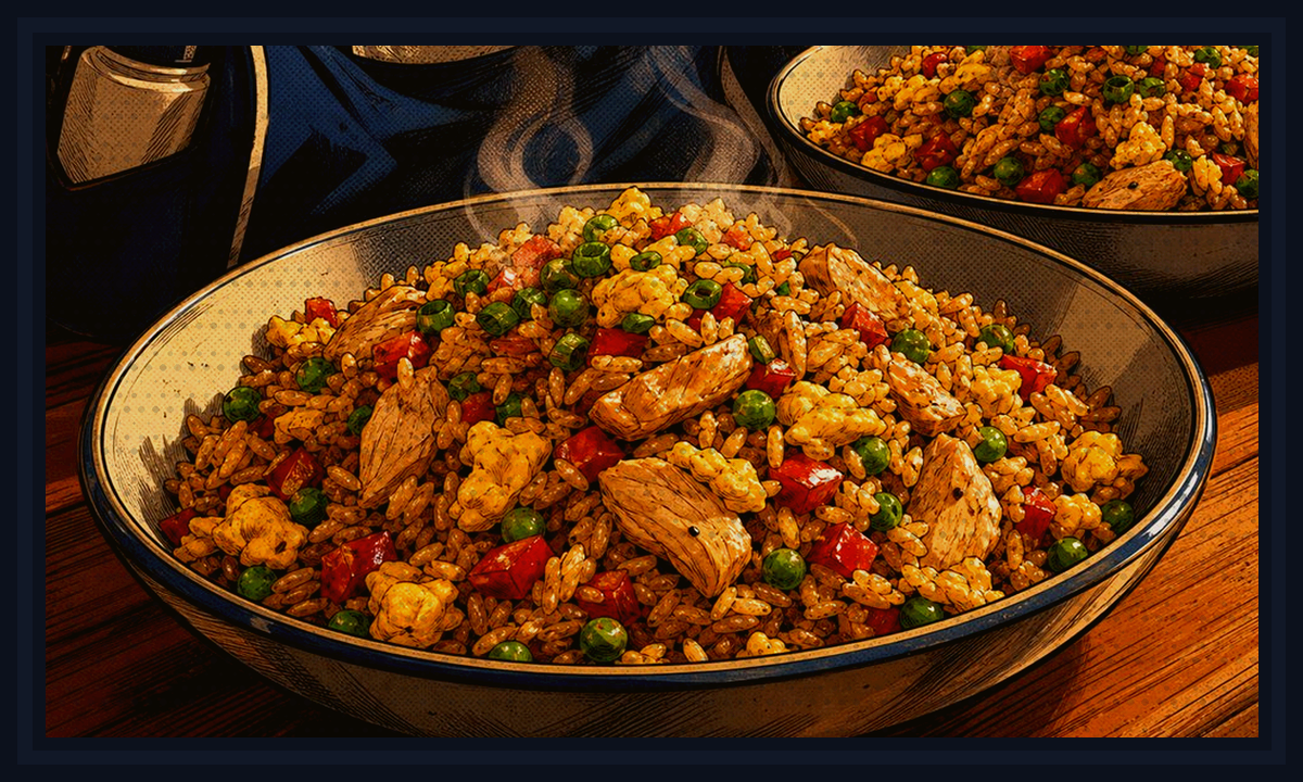 Comic-book style illustration of hungry kids coming home from practice to a fast hot dinner for 10-Minute After-Practice Fried Rice.