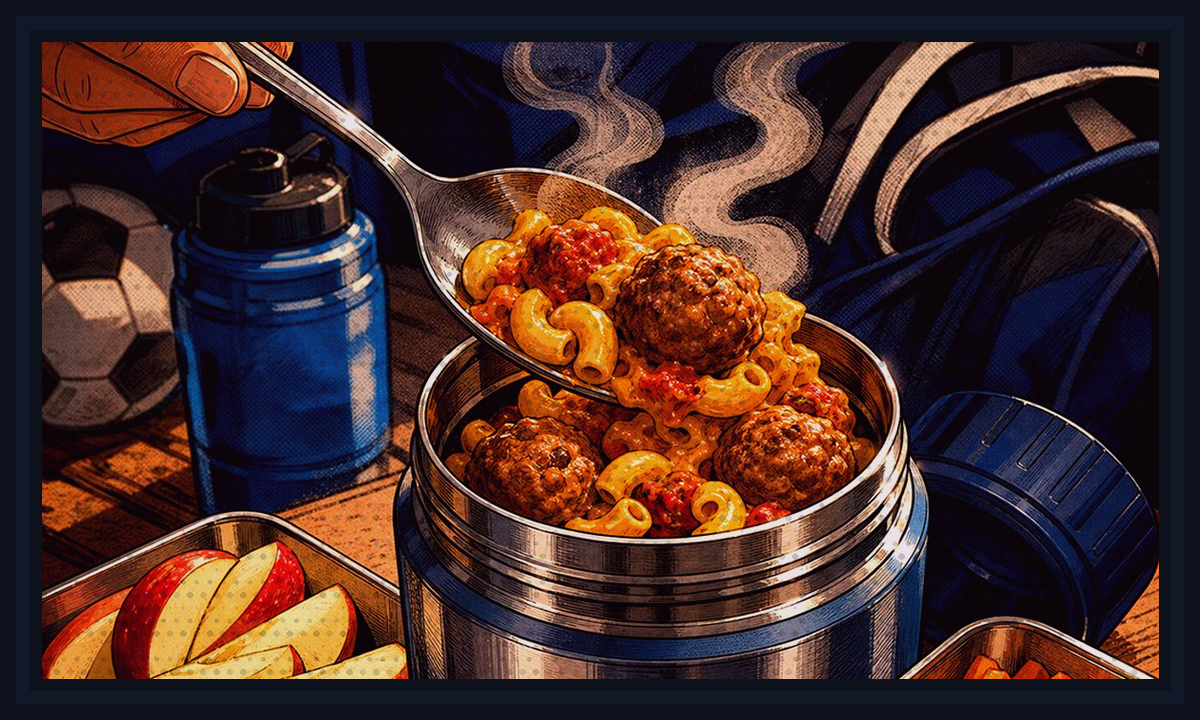 Comic-book style illustration of hungry kids coming home from practice to a fast hot dinner for 35 After-Practice Dinners You Can Reheat Fast.