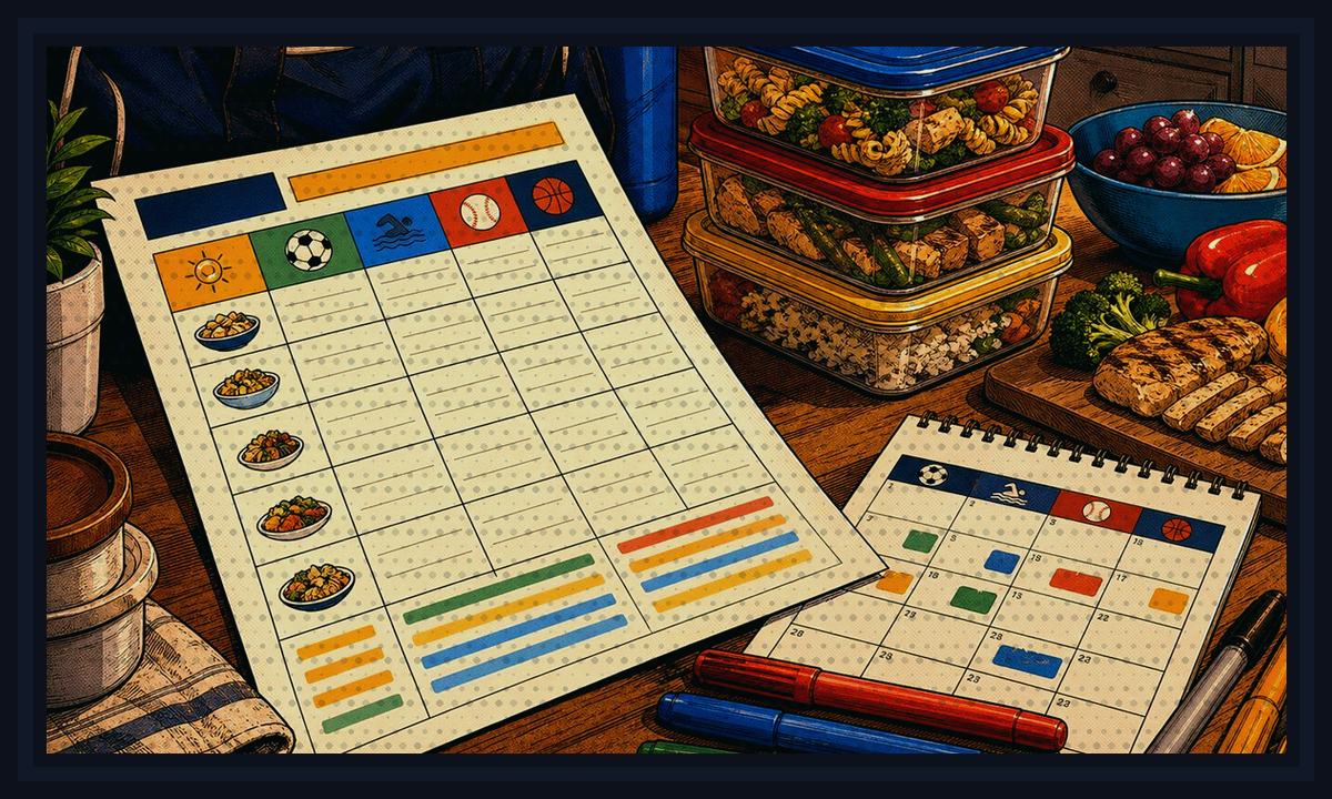 Comic-book style illustration of budget groceries turning into practical sports-night dinners for $75 Sports-Night Dinner Week.