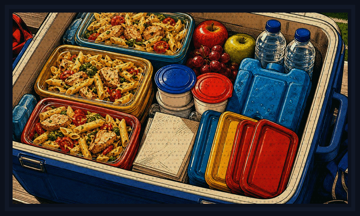 Comic-book style illustration of early dinner plates packed around practice bags before leaving the house for Thermos Chili and Cornbread Cups.