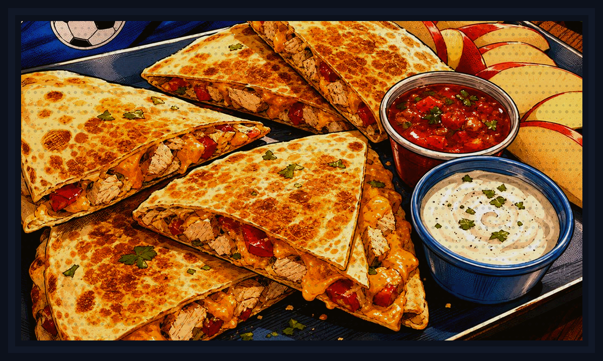 Comic-book style illustration of early dinner plates packed around practice bags before leaving the house for 4:30 Chicken Quesadilla Plates.