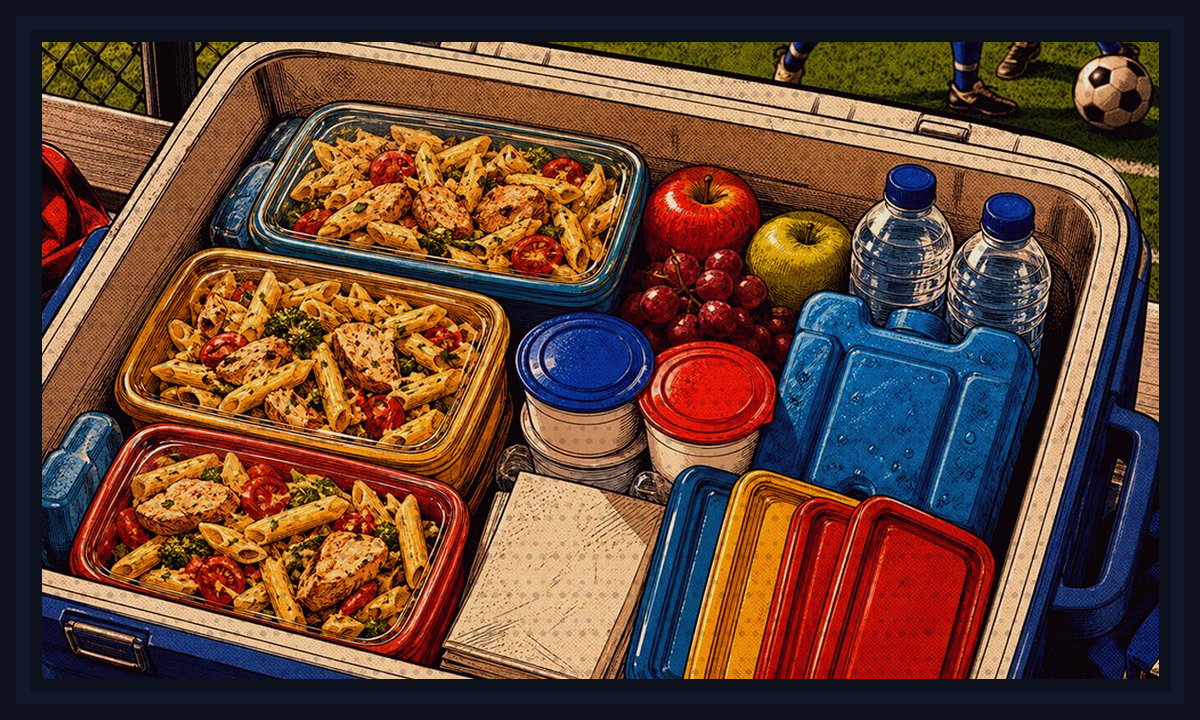 Comic-book style illustration of early dinner plates packed around practice bags before leaving the house for Freezer Pizza Rollups.