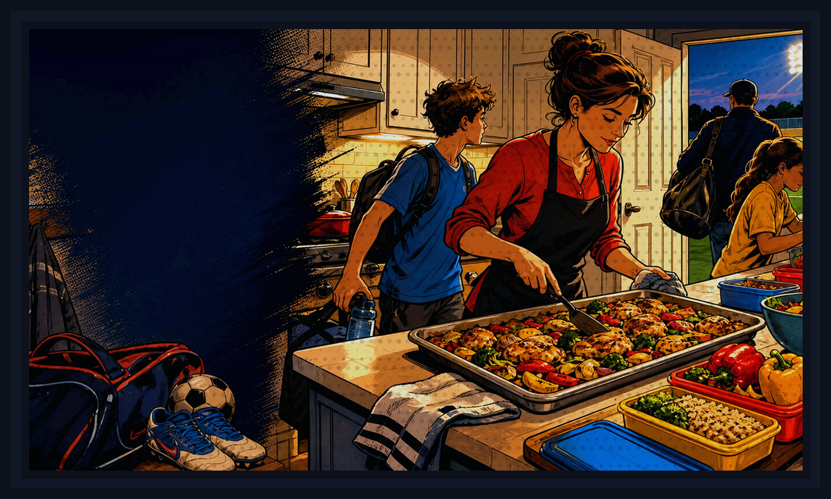 Comic-book style illustration of family calendar, dinner plates, and sports gear in a busy kitchen for The Split-Shift Dinner System for Busy Families.