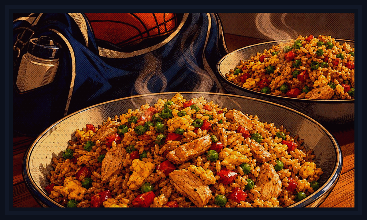 Comic-book style illustration of family calendar, dinner plates, and sports gear in a busy kitchen for Practice-Night Dinner for 5 p.m. Practices.