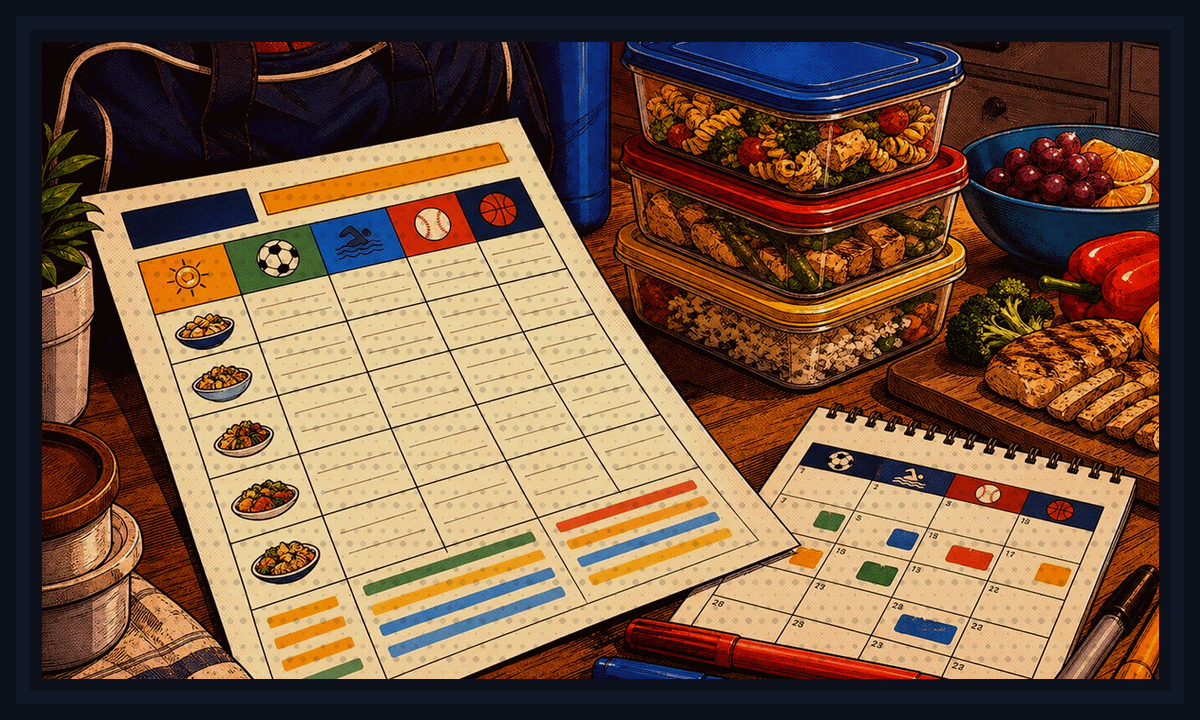 Comic-book style illustration of sports-family dinner notes, checklists, and kitchen shortcuts for Contact and Submit Your Sports-Night Dinner Question.