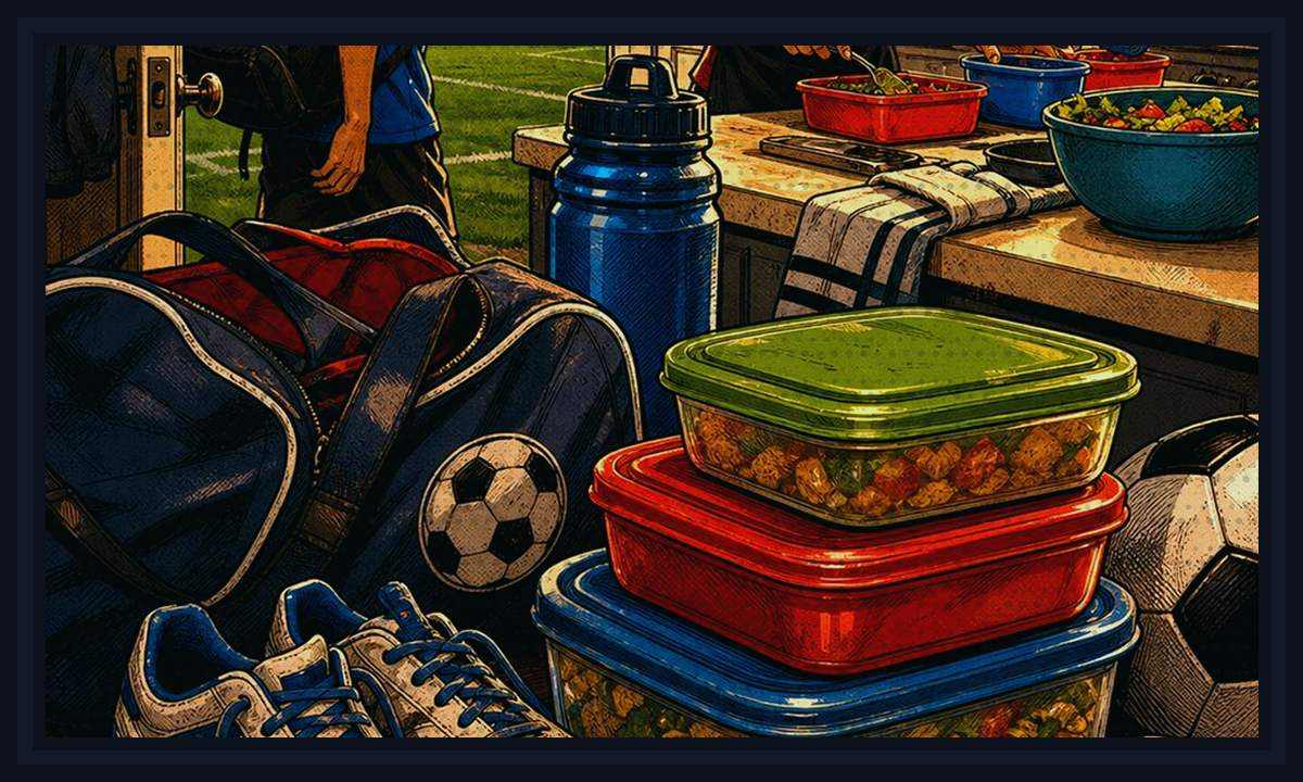 Comic-book style illustration of sports-family dinner notes, checklists, and kitchen shortcuts for Practice-Night Dinner Survey Results.