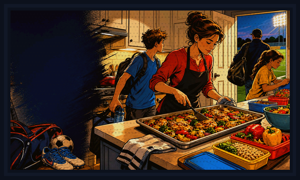 Comic-book style illustration of sports-family dinner notes, checklists, and kitchen shortcuts for About Ask & Eat.
