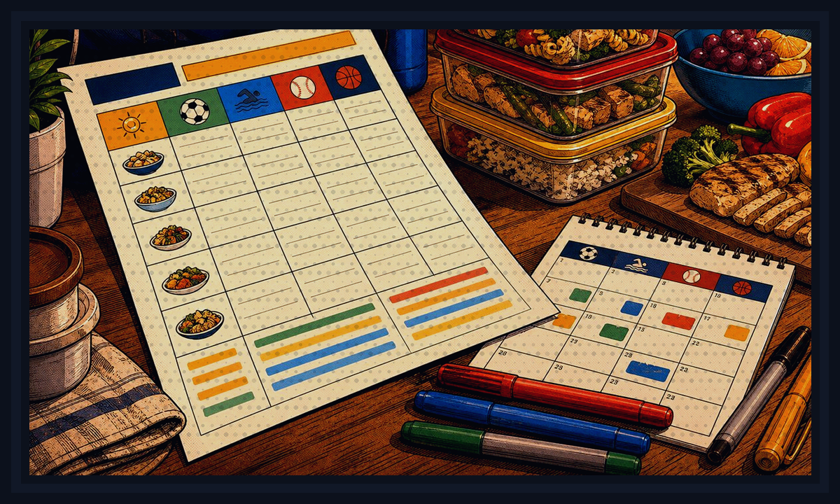 Comic-book style illustration of sports-family dinner notes, checklists, and kitchen shortcuts for Food Safety Policy.