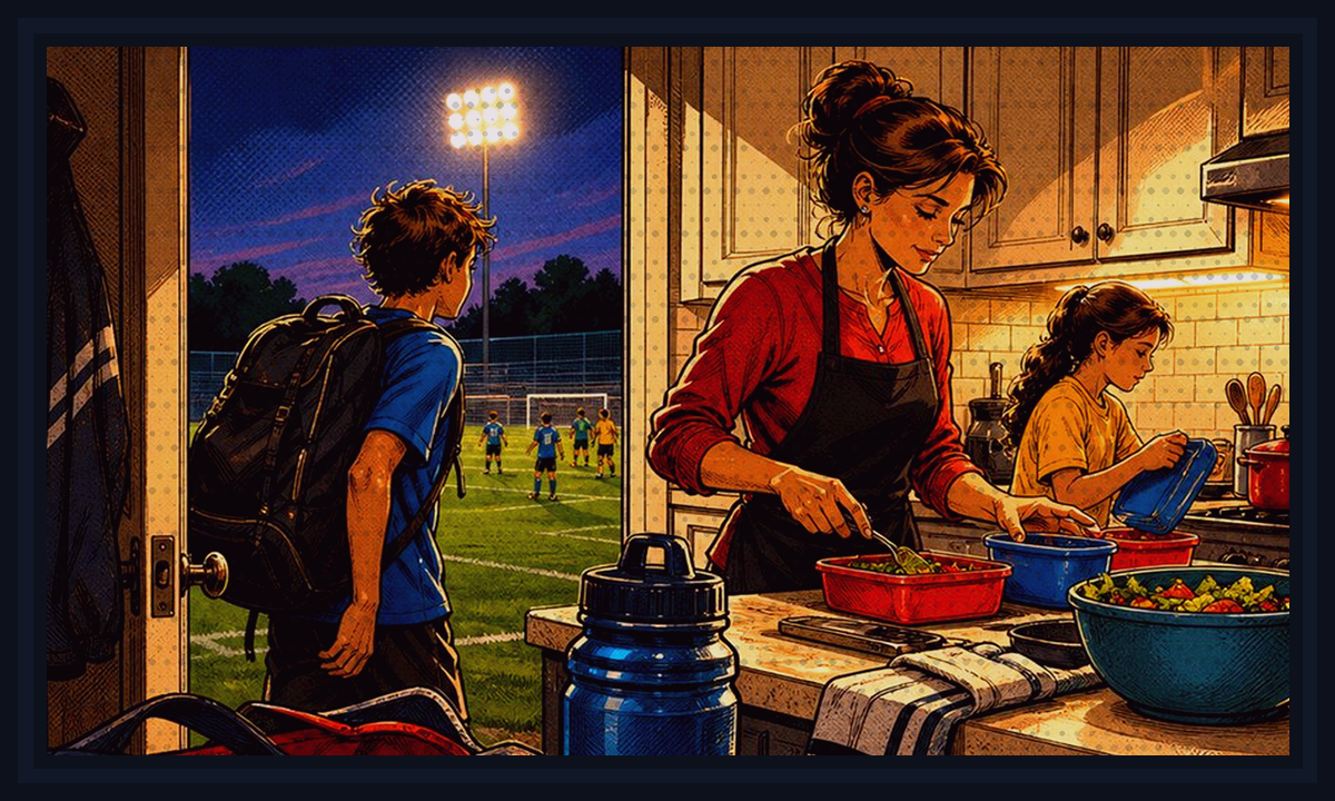 Comic-book style illustration of sports-family dinner notes, checklists, and kitchen shortcuts for How do you avoid takeout during sports season?.