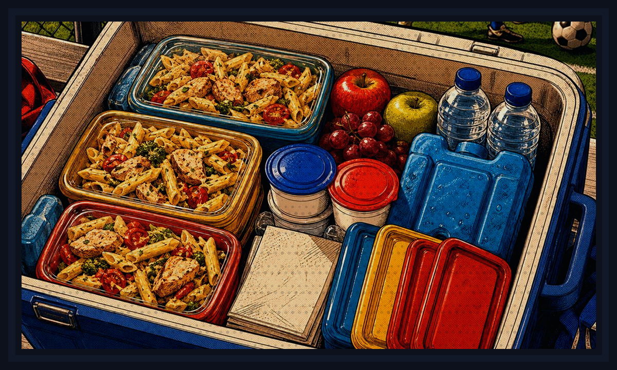 Comic-book style illustration of cooler bags, car containers, and sports-night food packed for the ride for Car-Safe Dinners for Sports Nights.