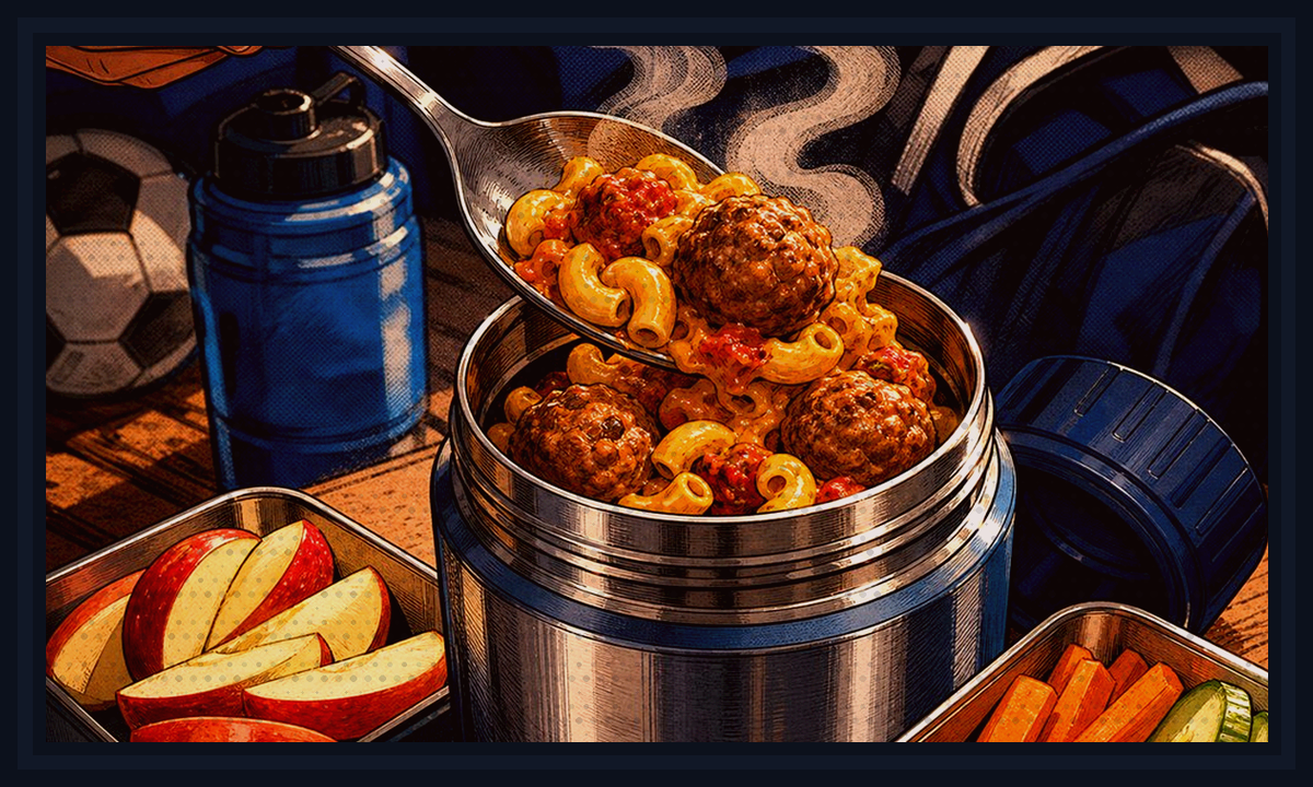 Comic-book style scene for the packable meals section.