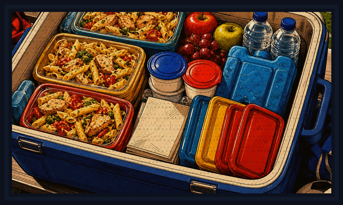 Comic-book style illustration of cooler bags, car containers, and sports-night food packed for the ride for The Thermos Preheat Method.