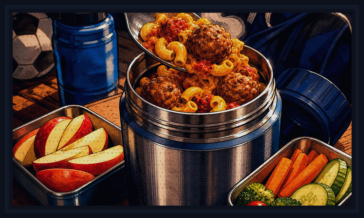 Comic-book style illustration of cooler bags, car containers, and sports-night food packed for the ride for 35 Packable Sports-Night Dinners.