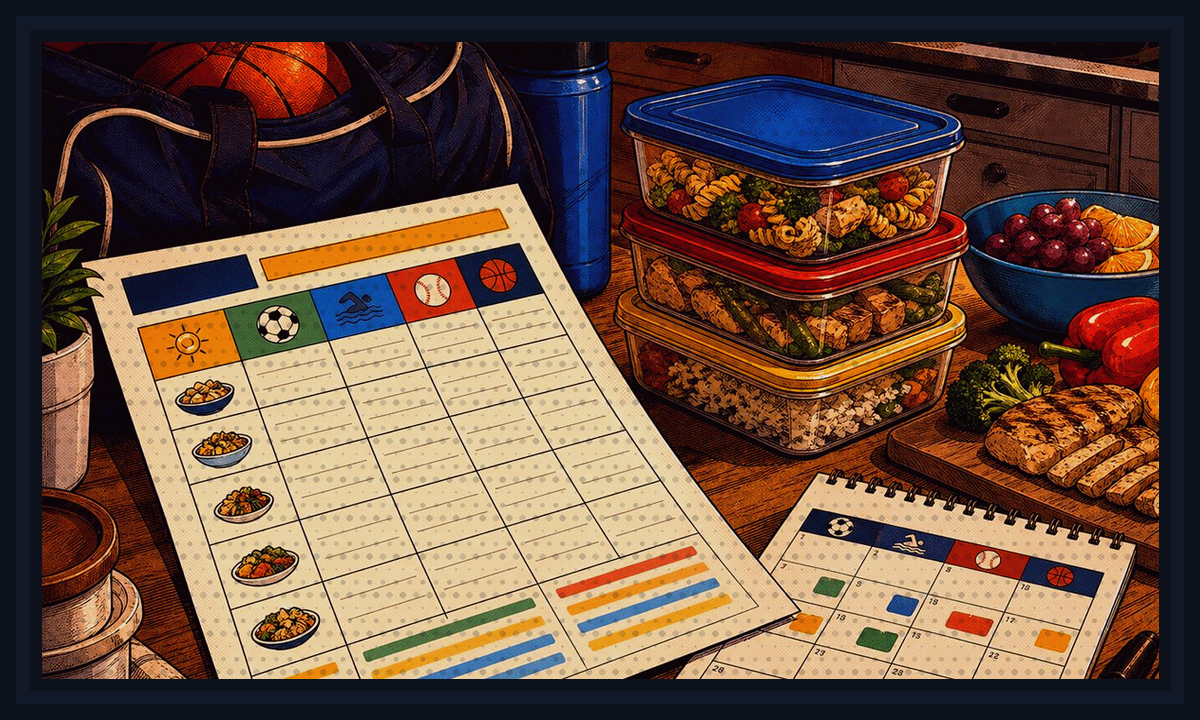 Comic-book style illustration of cooler bags, car containers, and sports-night food packed for the ride for Sideline Dinner Checklist.