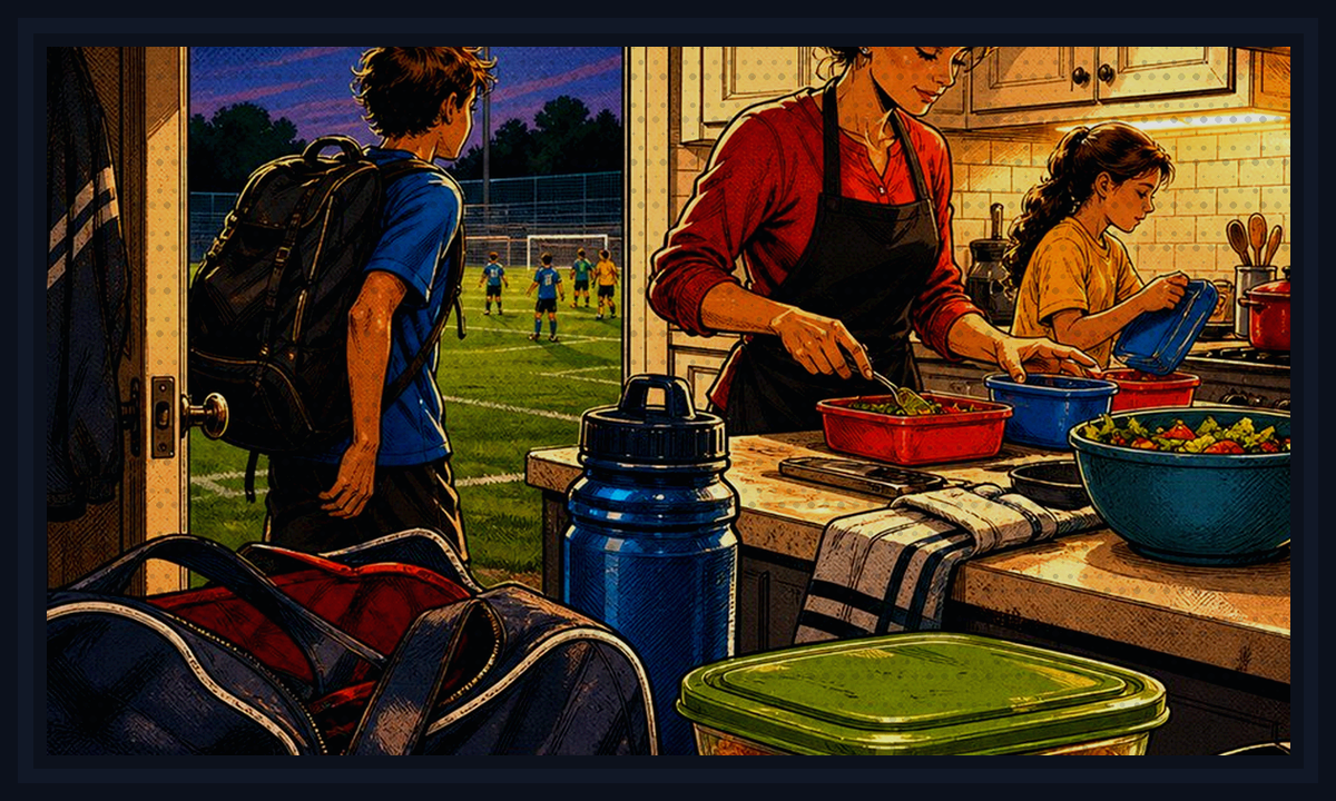 Comic-book style illustration of youth sports gear with dinner packed beside the field for Cold Weather Practice Dinner Guide.