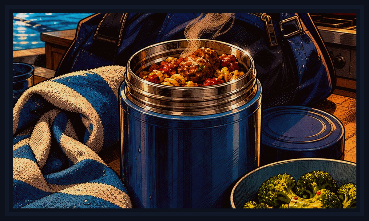 Comic-book style illustration of youth sports gear with dinner packed beside the field for Basketball Night Dinner Guide.