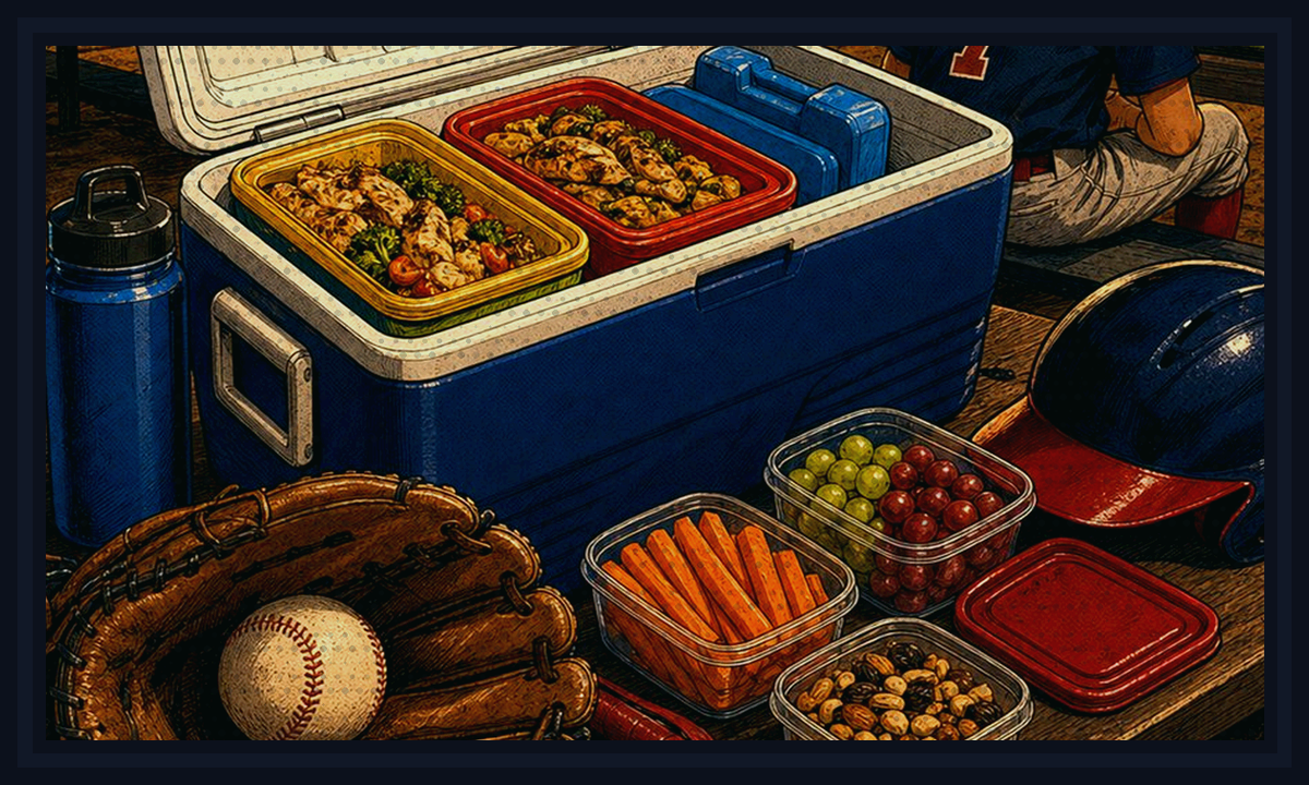 Comic-book style illustration of youth sports gear with dinner packed beside the field for Soccer Night Dinner Guide.