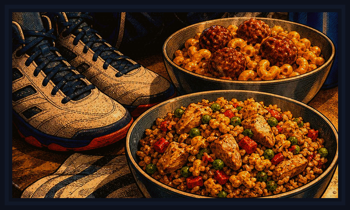 Comic-book style illustration of youth sports gear with dinner packed beside the field for Baseball Night Dinner Guide.