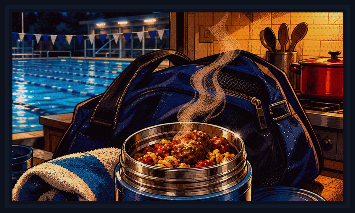 Comic-book style illustration of youth sports gear with dinner packed beside the field for Tournament Day Food Guide.