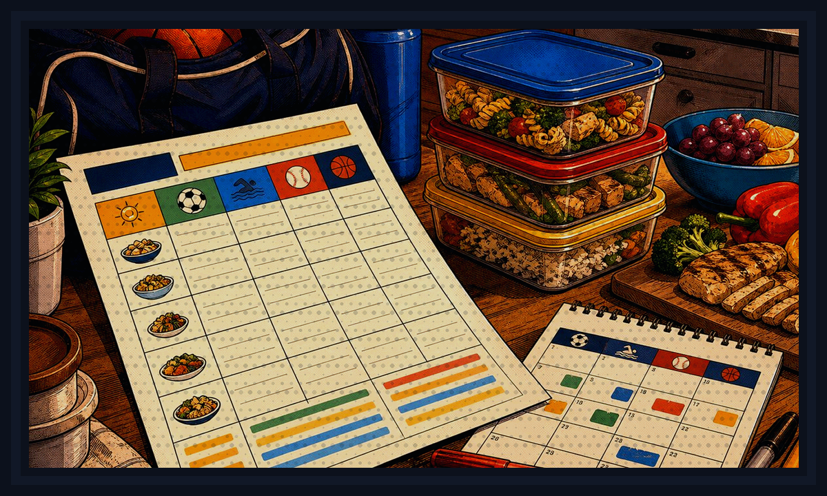 Comic-book style illustration of a parent using a planner beside practice gear and dinner containers for Freezer Meal Label Template.