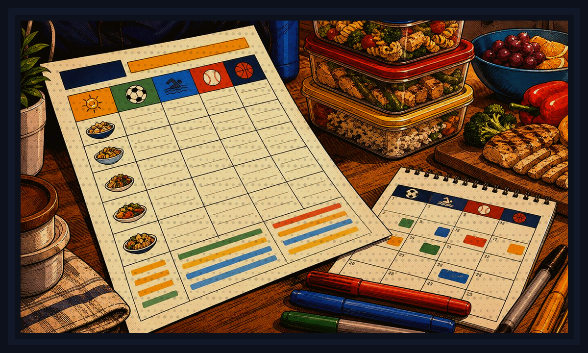 Comic-book style illustration of a parent using a planner beside practice gear and dinner containers for Practice-Night Meal Planner.