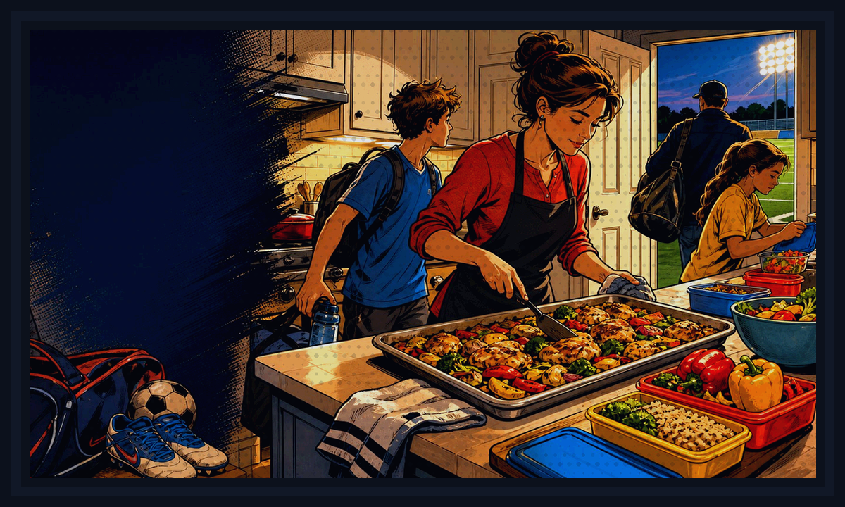 Comic-book style illustration of a parent using a planner beside practice gear and dinner containers for Sideline Dinner Packing Kit.