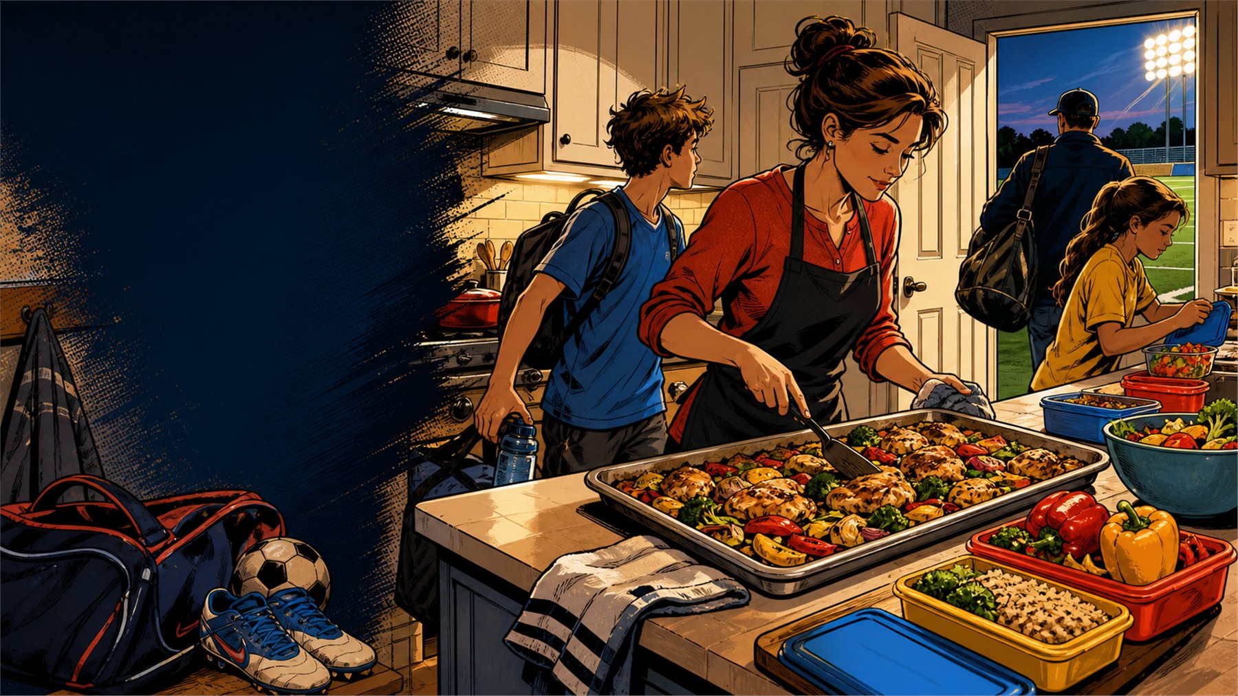 Packed family dinner on a kitchen counter with soccer cleats and sports bags ready by the door.