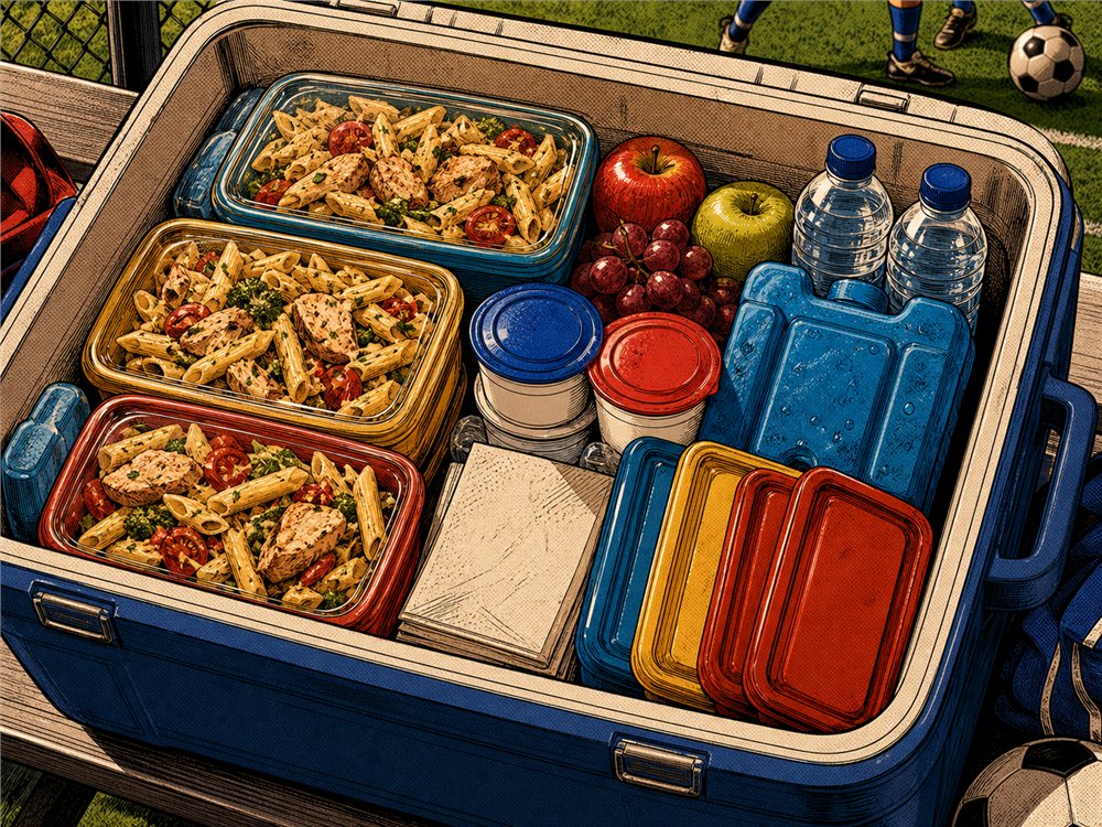 Chicken pasta salad boxes packed in a cooler with fruit, yogurt, and ice packs.