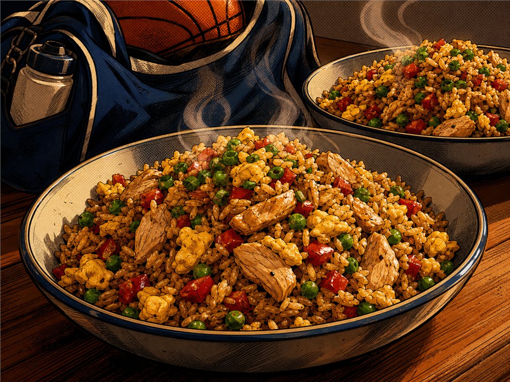 Steaming bowls of chicken fried rice on a late practice night kitchen counter.