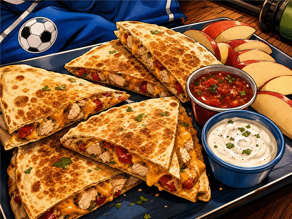 Crisp chicken quesadilla triangles packed with fruit and dip before soccer practice.
