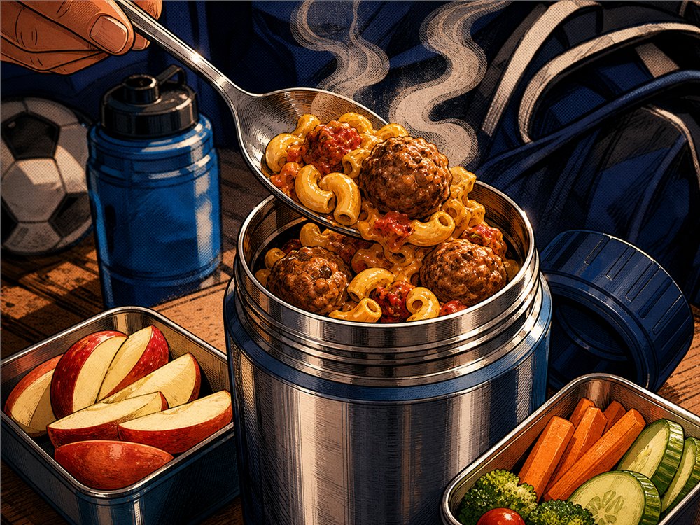 Hot mac and meatballs packed into a thermos with apple slices and a water bottle.