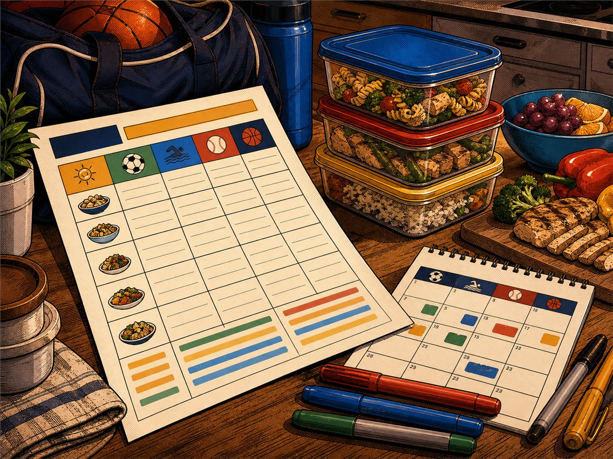 A sports season meal plan printable beside packed dinner containers and a family schedule.