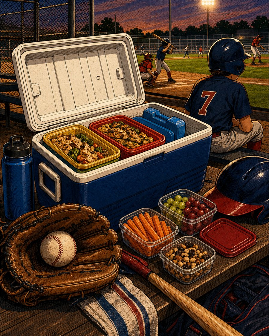 Baseball gear with cooler dinner boxes prepared for a long game night.