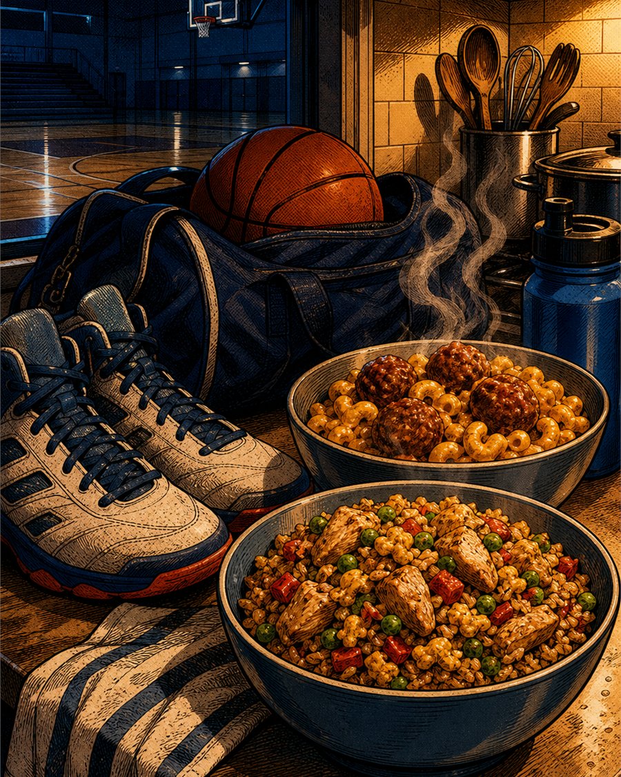 Basketball shoes near a late dinner reheat on a kitchen counter.