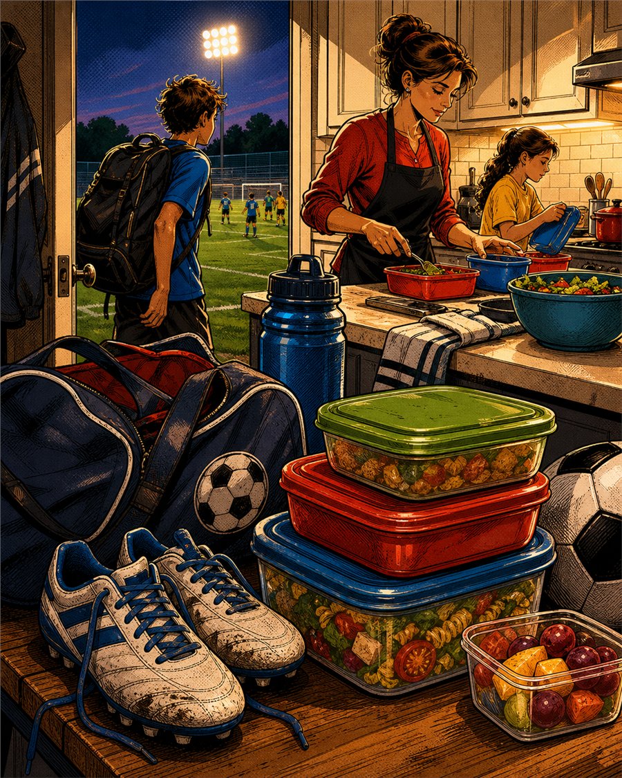 Soccer cleats beside packed dinner containers on a kitchen bench.