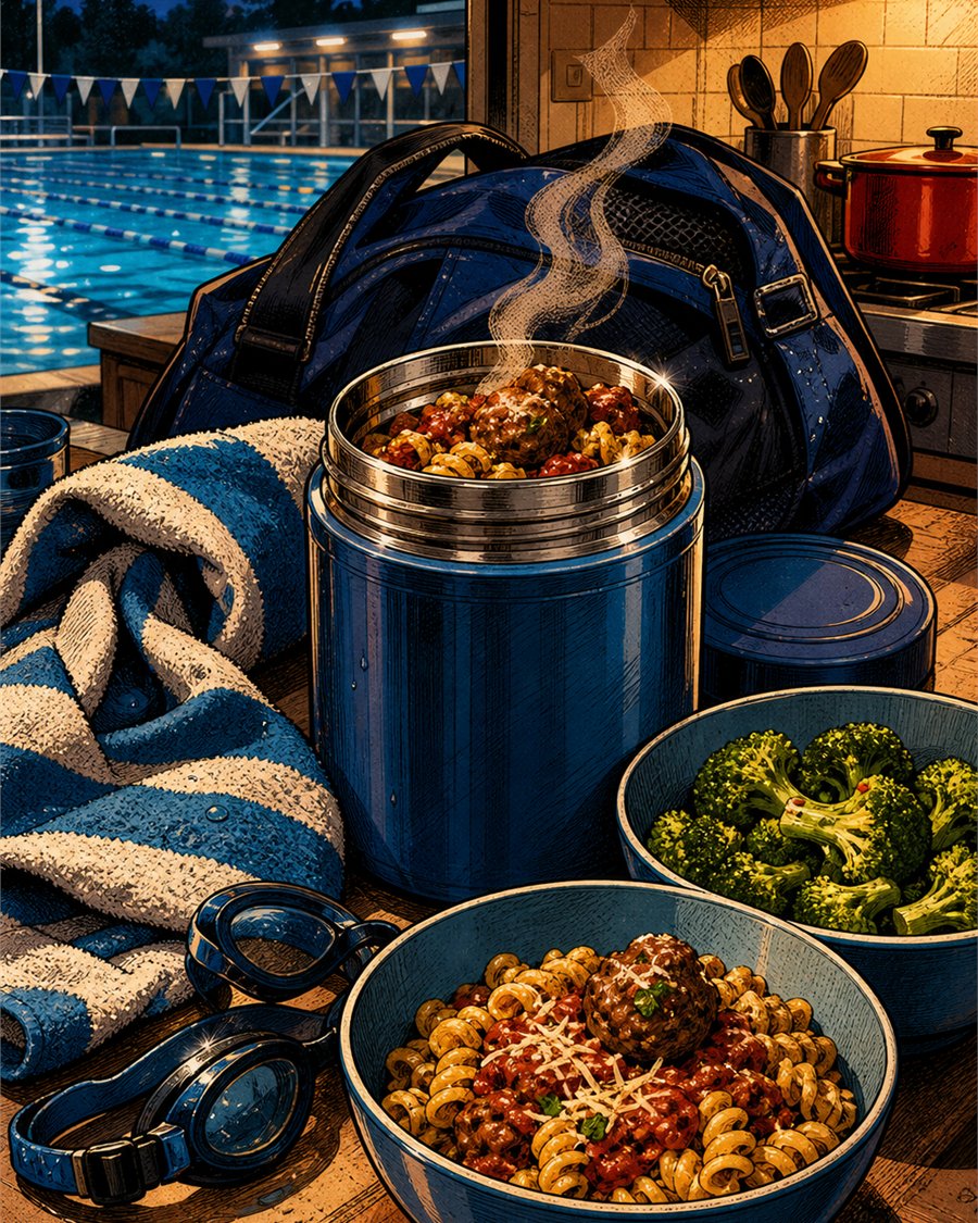 Swim towel, goggles, and warm dinner bowls after evening practice.