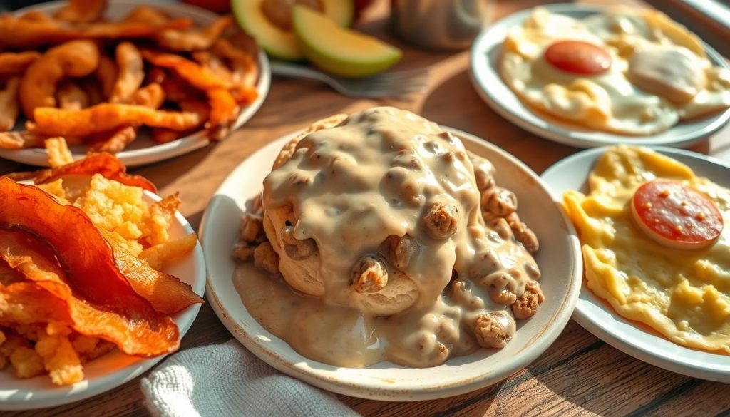 classic breakfast sides with biscuits and gravy