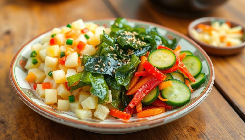 Korean potato salad, seaweed salad and spicy cucumber salad as unique side dishes