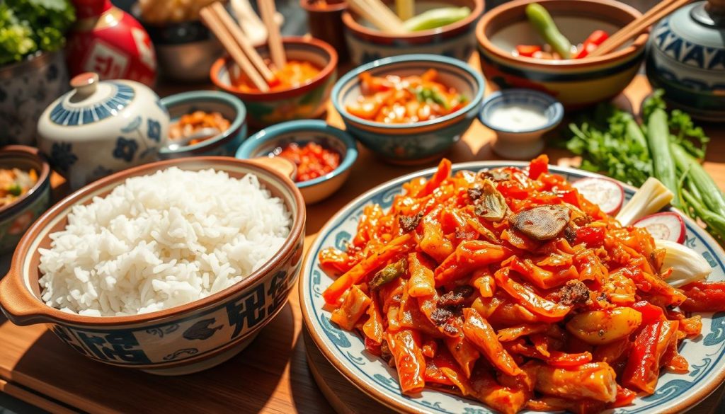 kimchi recipe and steamed rice preparation